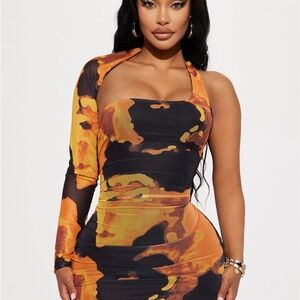 Elegant One-Shoulder Black and Orange Dress